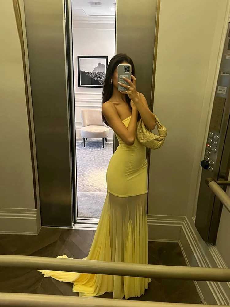 Nibber Patchwork Dress Women See Through Temperament Solid Pleated Strapless Sleeveless Backless Slim Banquet Party Dresses Z250728