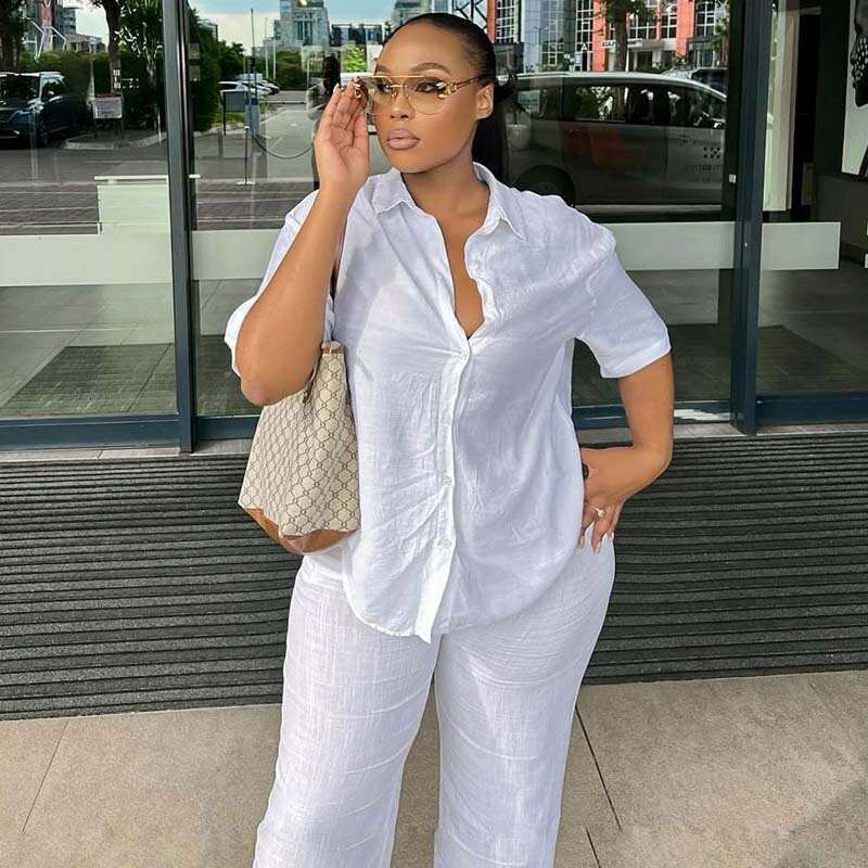 Women's Outfit Short Sleeve Turn-Down Collar Elegant Slimming Shirt Simple Wide-Leg Long Pants Two-Piece Set For Women B5