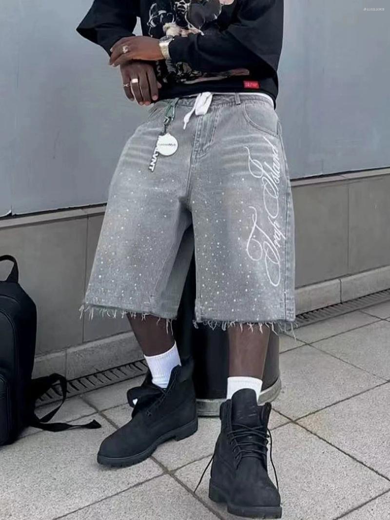 Men's Shorts Vintage Washed Rhinestone Denim Jeans Hip Hop Letter Embroidery Sequin Shiny Baggy Short Low Waist Over The Knee Pant