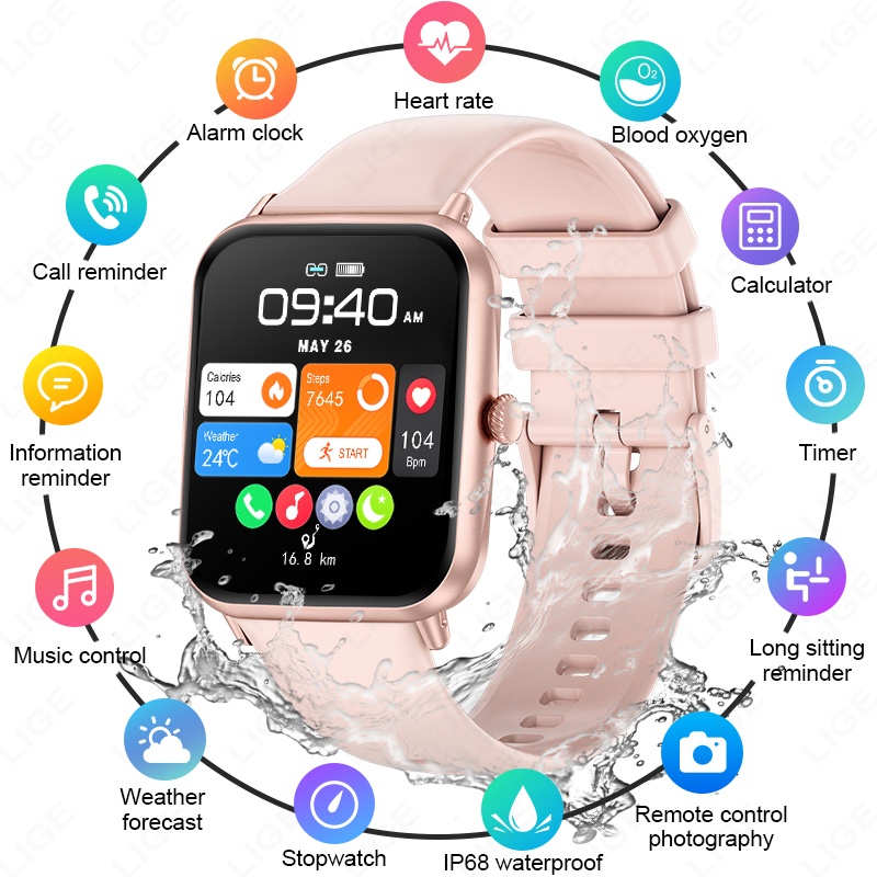 LIGE Smart watch answer/call calls fitness watch with heart rate sleep IP68 waterproof 100 sports modes, pedometer Step-counting blood pressure health