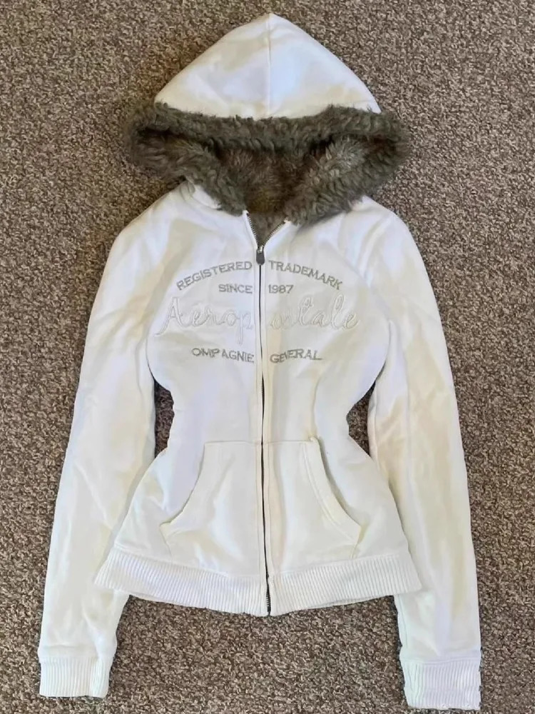 Vintage Fur Patchwork Hoodies Autumn Winter Grunge Zipper Hooded Coats Slim Fashion Y2K Letter Print Sweatshirt Jackets 250729