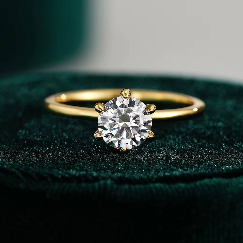 Classic 14K 18K Gold Plating Moissanite Wedding Ring 6 Prong VVS Round Diamond S925 Sterling Silver Rings for Women