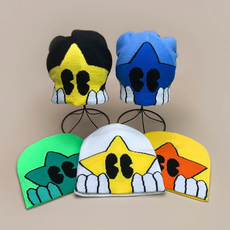 Cartoon Cute Five-pointed Star Knitted Hats Autumn and Winter Hip Hop Warm Ins Color Block Versatile Street Fashion Beanies 250724