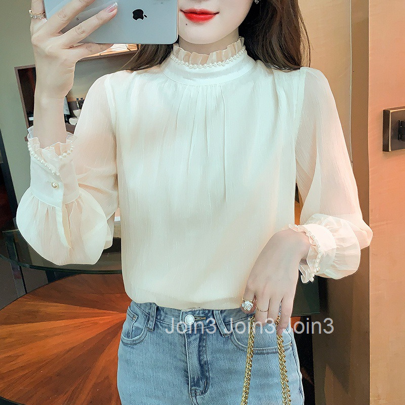 Autumn Winter New French Style Stand Collar Pearl Puff Sleeve Thickened Long Sleeve Shirt Base Shirt Top Plus Size Women