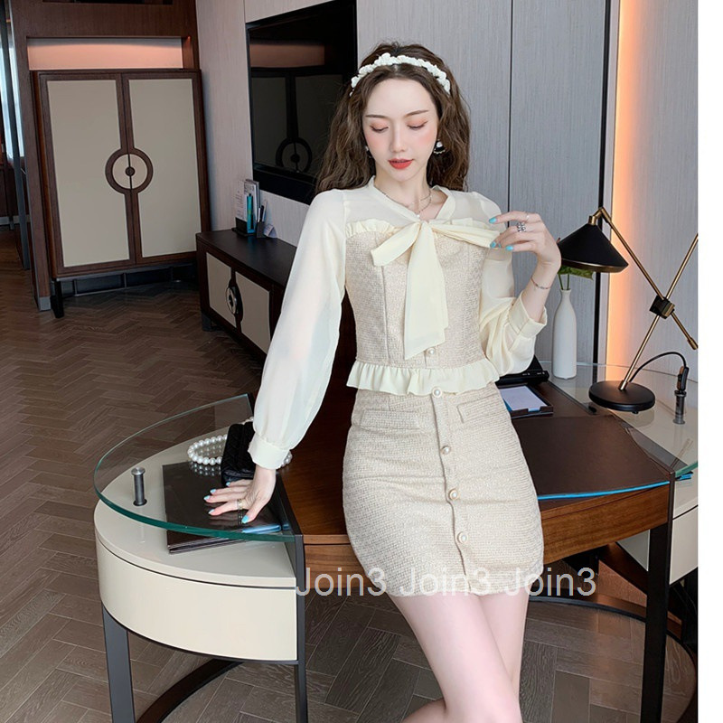 Autumn Winter New Style Elegant Slim Fit Bow Collar Long Sleeve Top and Short Skirt Set for Women