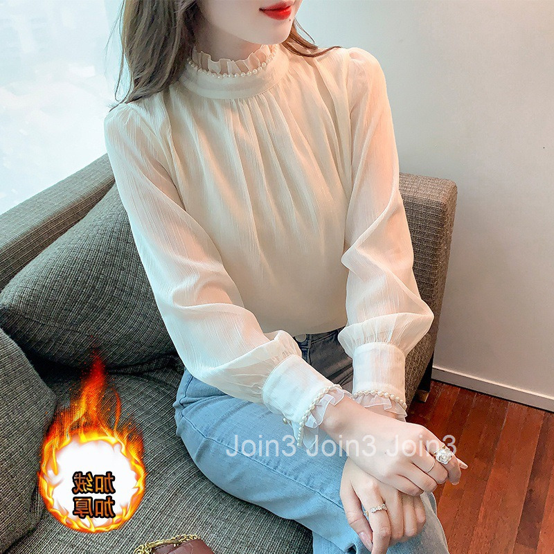 Autumn Winter New French Style Stand Collar Pearl Puff Sleeve Thickened Long Sleeve Shirt Base Shirt Top Plus Size Women