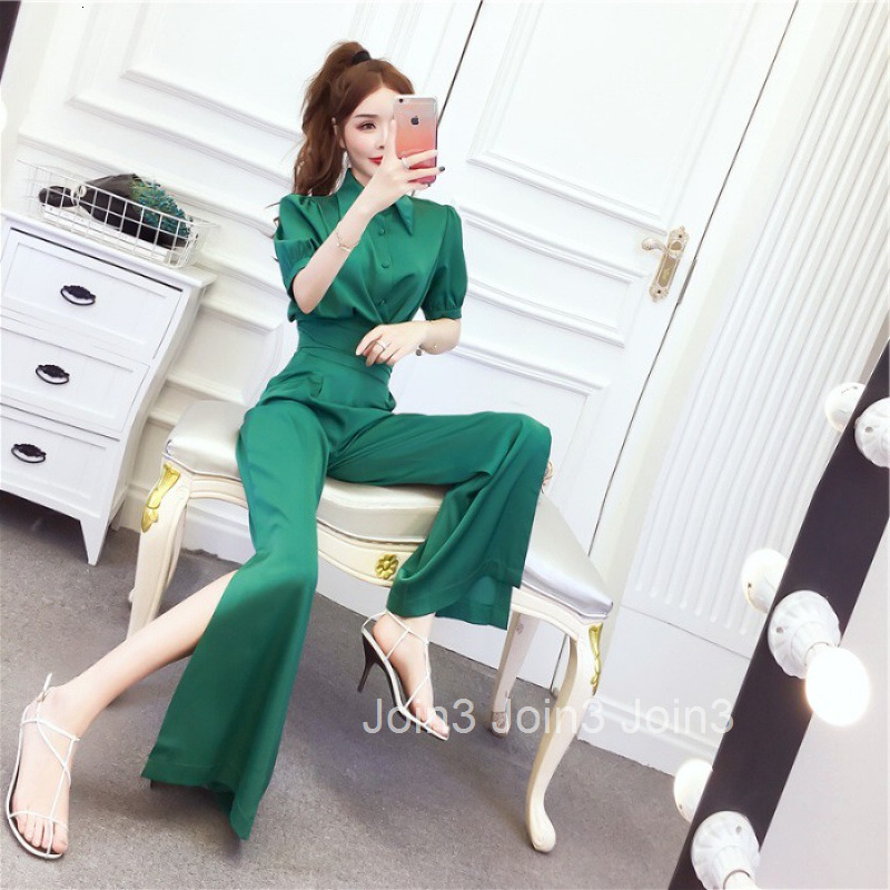 Summer Fashion Stylish Turn-Down Collar Single-Breasted Short Sleeve Top + Split Long Pants Two-Piece Set for Women