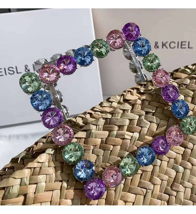 Summer Straw Woven Handmade Handbag Women Bucket Crystal Shiny Rhinestone Dia Tote Female Holiday Vacation Beach Bag