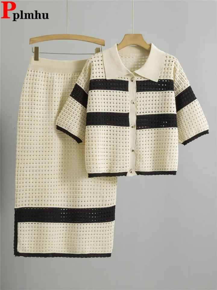 Hollow Out n 2 Piece Sets Women Lapel Neck Knitted Short Sleeve Tops Cardigan High Waist Straight Skirts Outfit 250729