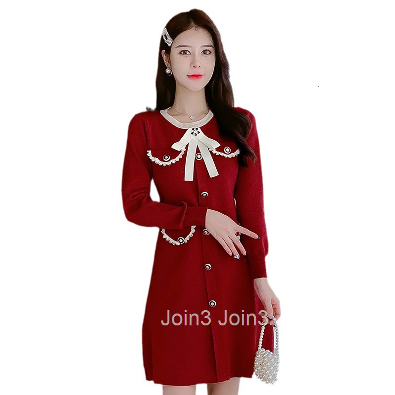 Autumn Winter New Festive Red Party Slim Elegant Knitted Thick Long Sleeve Dress Short Dress for Women