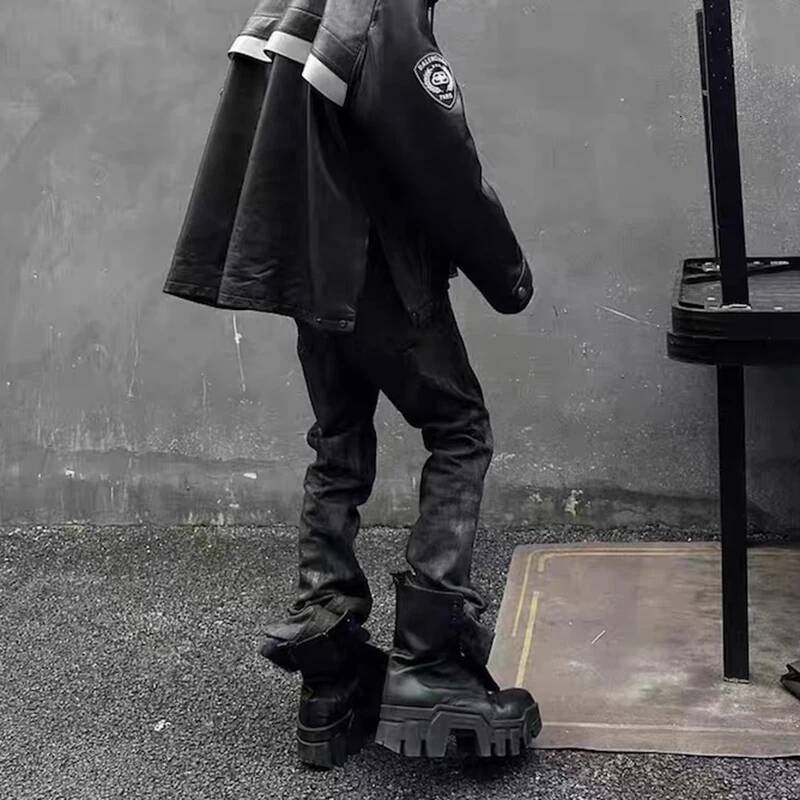 High Street Hand Brushed Glue Sparkling Baggy Flare Jeans For Men Y2k Pantalones Hombre Leather Pants Oversized Denim Trousers