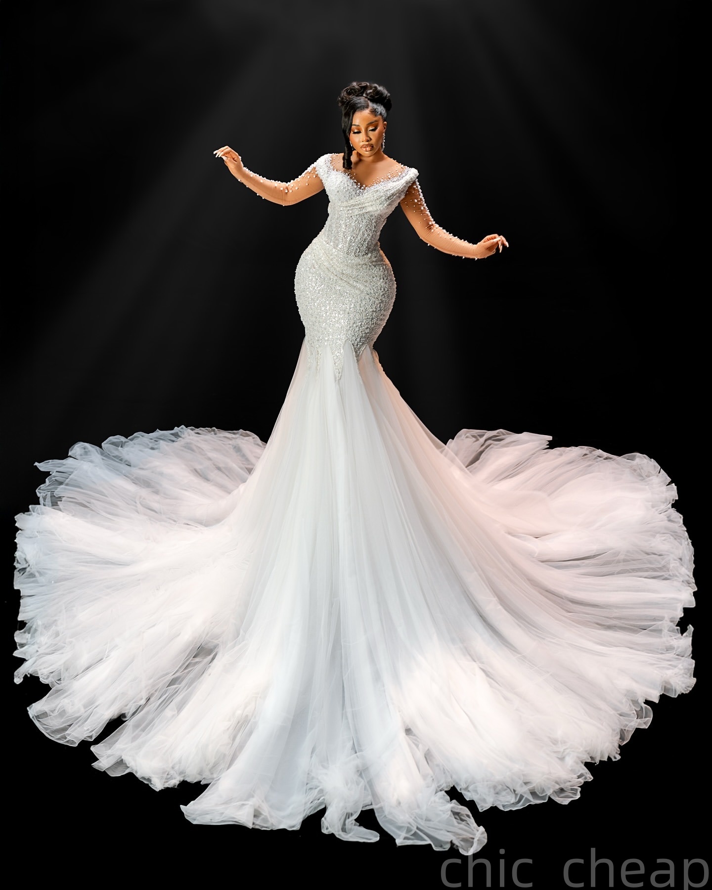 2025 Aso Ebi Plus Size Ivory Mermaid Wedding Dress Sequined Pearls Tulle Full Sleeves Sparkly Vintage Bridal Gowns Dresses ZJ0682