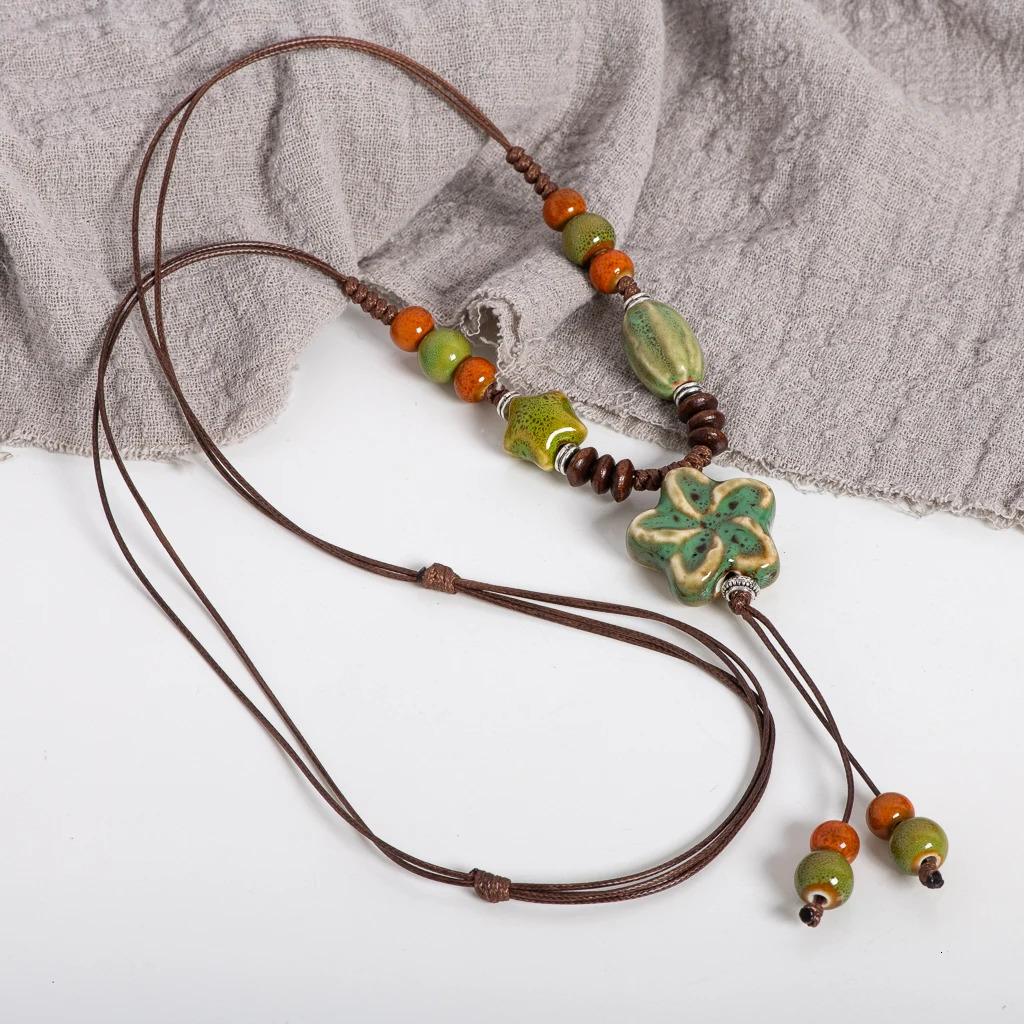 Nature-Inspired Handmade Ceramic Necklace Adjustable Boho Ethnic Jewelry Green Blossom Pendant Long Artisan Statement S02-051 250729