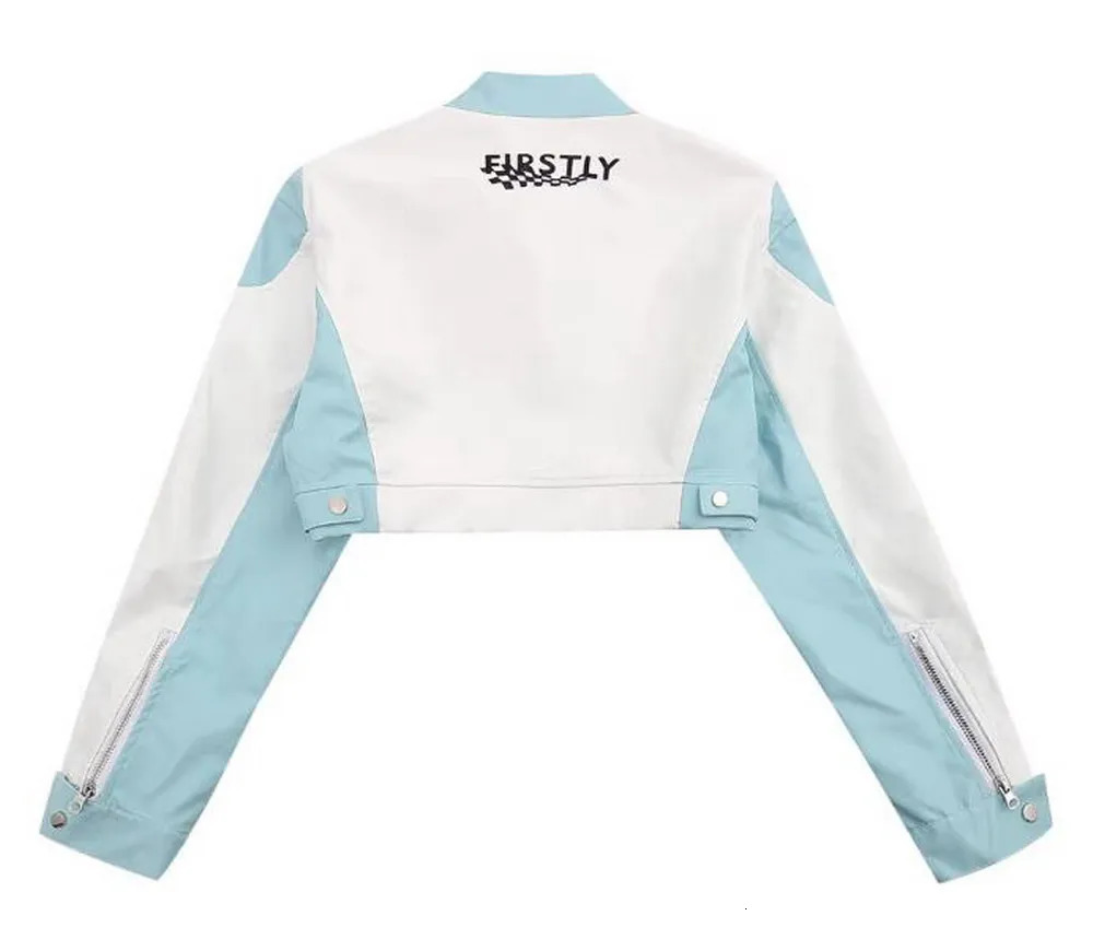 Leather Racing Bomber Jacket Women Varsity Outerwear Short Blue Motorcycle Coat Y2K American Baseball Windbreak 250729