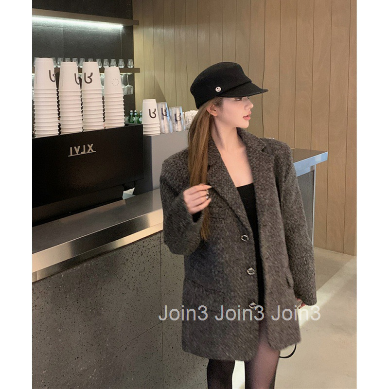 Autumn Winter Fashion Socialite Style Quilted Thick Long Sleeve Woolen Blazer Womens Mid-Length Woolen Coat