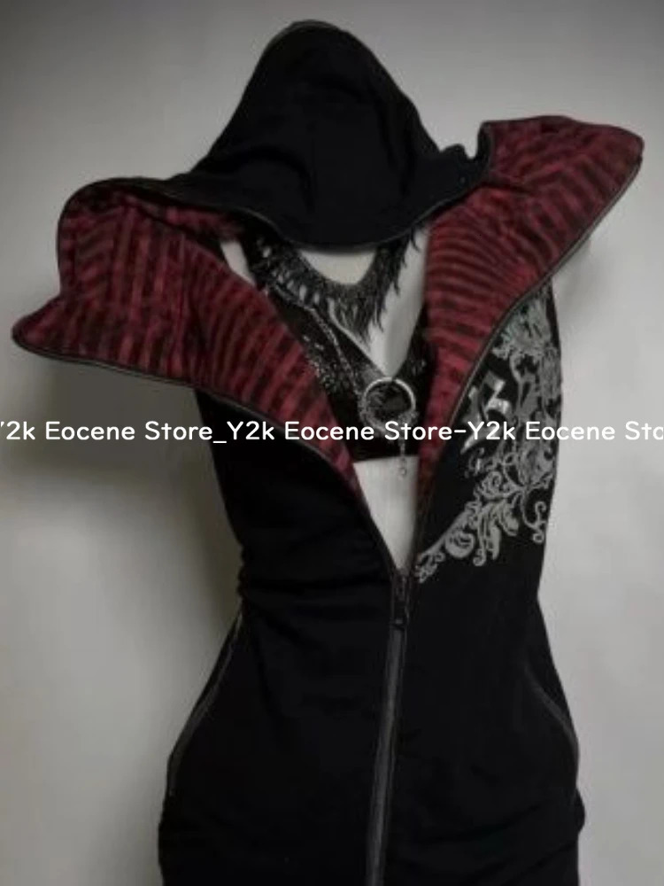 Dark Style Vintage Zipper Cardigan Tops Women Red Black Striped Hoodie Sleeveless Y2k Vest Aesthetic 90s Grunge Casual Clothing 250729