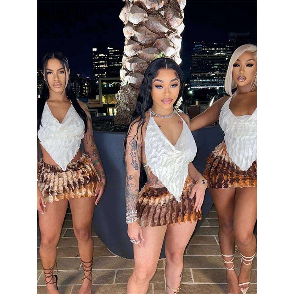 Kliou Summer Women Mini Sexy Mesh Two Piece Set K23s37851 Girl Print Ruched Halter Camisole+Hip Skirt Outfit Dance Club Attire