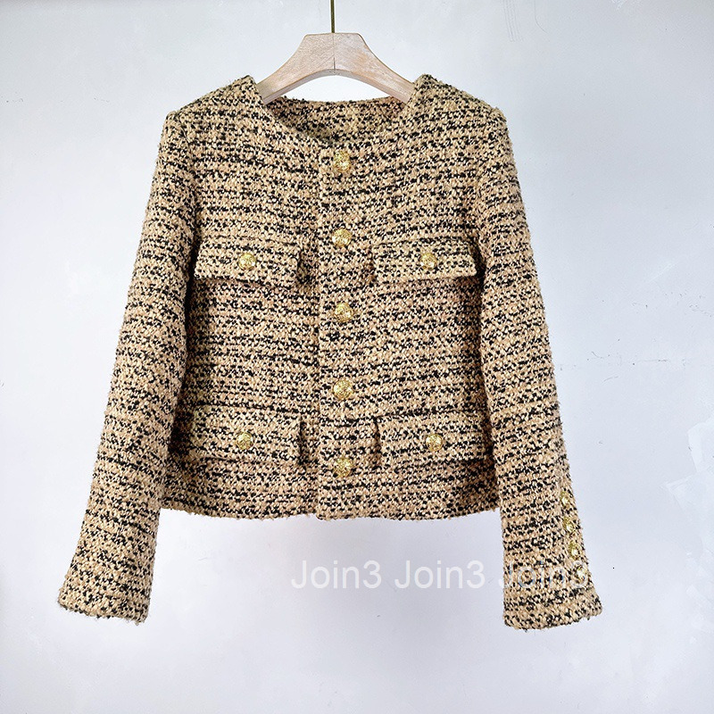 Autumn and Winter New Fashion Black Gold Flower Yarn Round Neck Short Style Tweed Wool Long Sleeve Coat Short Style Women