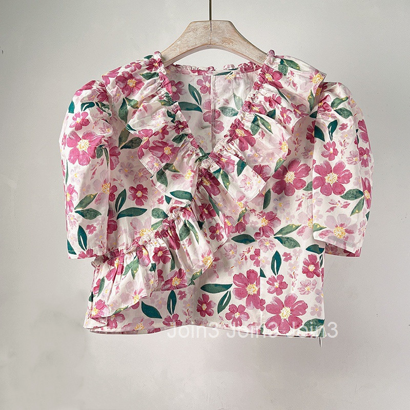 Socialite Little Fragrance Shirt for Women Summer New Korean Chic Short Sleeve Shirt with Ruffled Flower Top Short Style