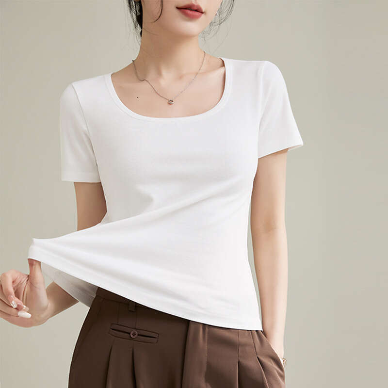sxzy French Style Square Round Neck Base Layer High-End Feel High Elastic Cotton Short Sleeve T-Shirt for Women 2025 Spring Summer New Pullover Slim F