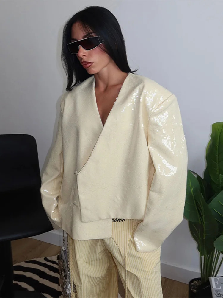 Chic Street Outerwear Retro Sequins Irregular Vneck Jacket for Women Elegant Loose Solid Glitter Lace Up Open Jackets Coat 250729