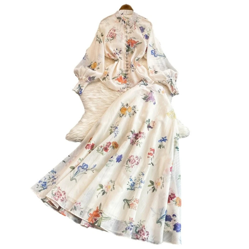 Female Fashion Floral Elegant Retro Two Piece Set For Women O Neck Long Sleeve Tops High Waist A-Line Skirt Set 250728