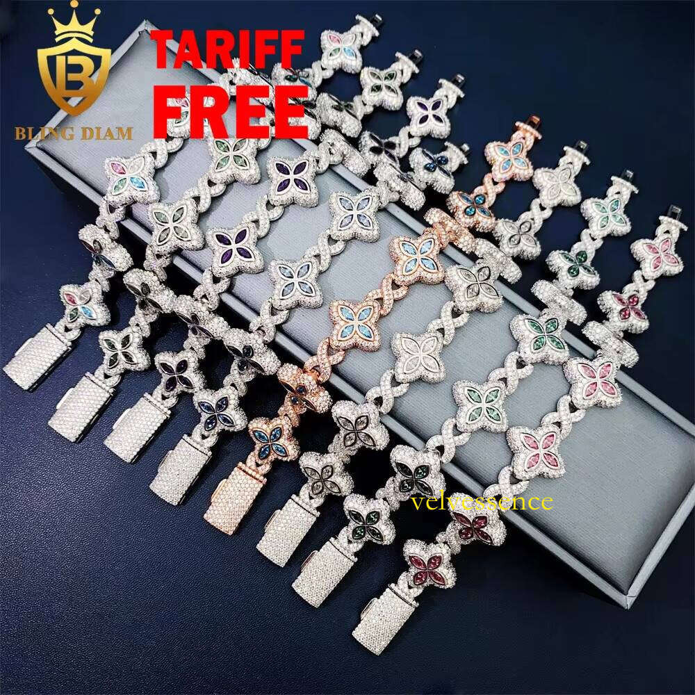 19mm Multiple Options Marquise Cut Flower New Design Colorful Sliver Moissanite Clover Iced Out Bracelet