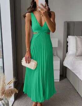 2024 Summer New Cross-Border European and American Style Elegant V-Neck Sleeveless Hollow Out Backless Pleated Dress