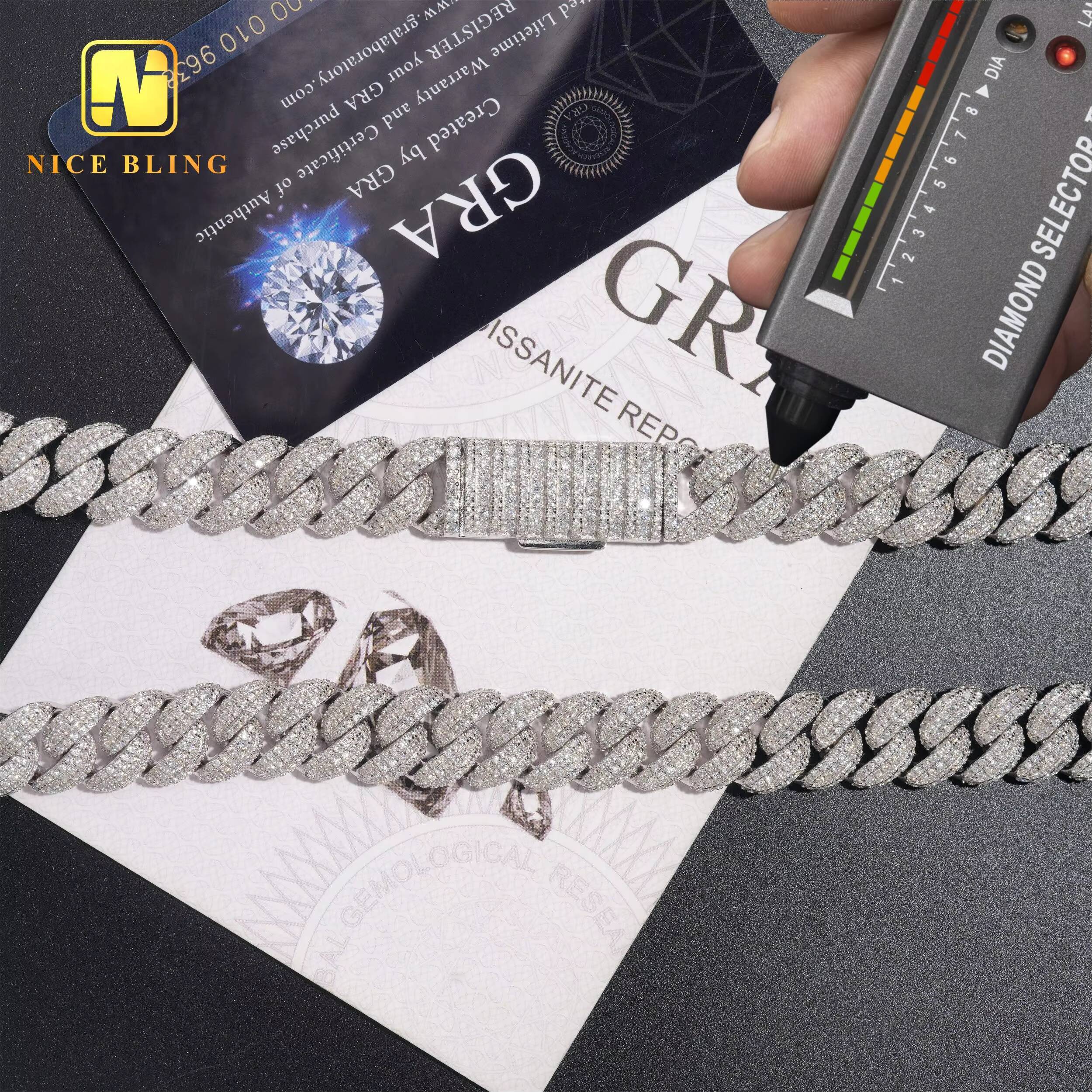 Round Moissanite Cuban Link Chain 13MM Baguette Diamond Cuban Necklace 925 Silver Hip Hop Iced Out Cuban Chains