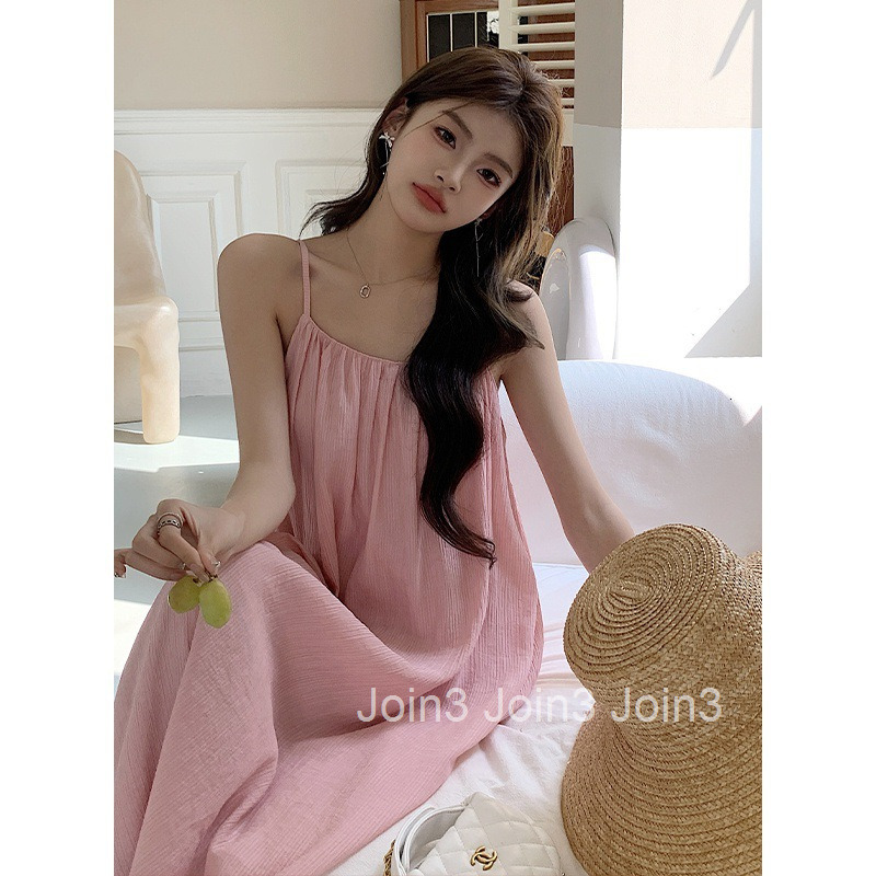 Summer New Pure Desire Style Simple Vacation Loose Large Hem Strap Dress Long Womens Dress