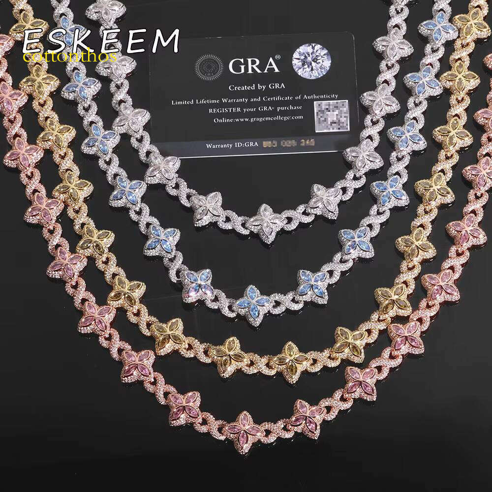Sier Chain Colored Moissanite Iced Out Cuban Link Necklace Four Leaf Clover Design Hip Hop Jewelry for Women