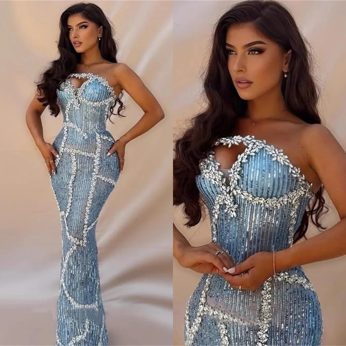 Exquisite Evening Dresses Strapless Rhinestone Prom Dress Crystal Beading Slim Sleeveless Mermaid Party Gowns Vestidos De Noche Plus Size