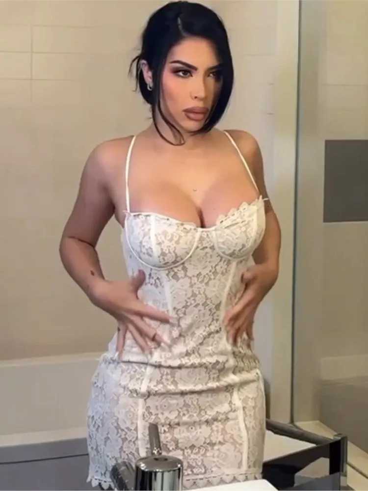 Sexy See Through Lace Spaghetti Strap Mini Dresses Women Package Hip Bodycon Party Night Club Dress Female Streetwear Dresses Z250728