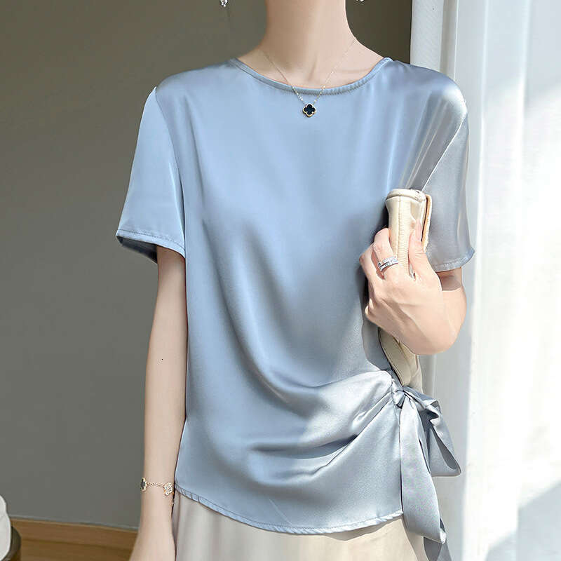 sxzy Non-Acetate Satin Design T-Shirt New Waist-Cinching Bow Short Sleeve Top Women's Summer High-End Korean Style