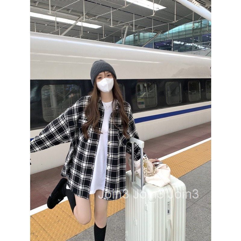 Autumn Winter New Fashion Casual Plaid Cardigan Lazy Woolen Long Sleeve Coat Mid-Length Womens Top Trendy