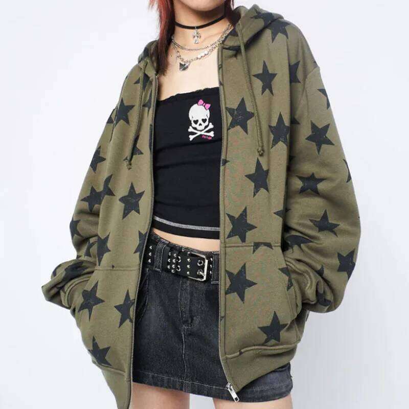 hoodie Y2k Clothes Vintage Star Oversized Jacket Haruku Goth Long Sleeve Women Sweatshirt 2000s Hip Hop Zip Up Hoodies Top jacket