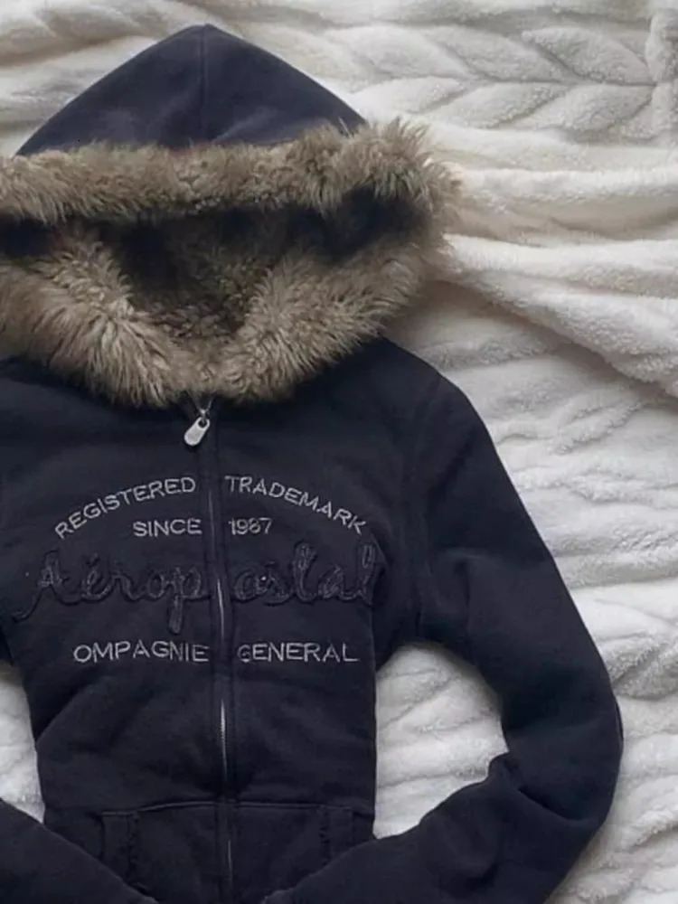 Vintage Fur Patchwork Hoodies Autumn Winter Grunge Zipper Hooded Coats Slim Fashion Y2K Letter Print Sweatshirt Jackets 250729