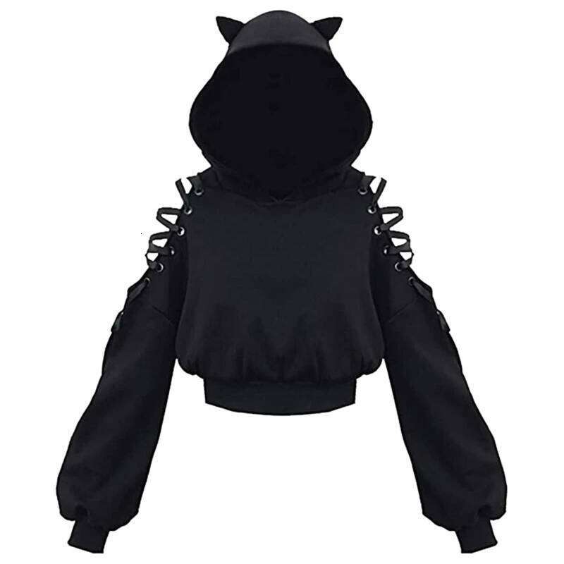 hoodie Y2k Gothic Womens Hoodie Cat Ear Crop Top Hooded Sweatshirt Hollow Out Lace Up Long Sleeve Hodded Casual Pullover Autumn jacket