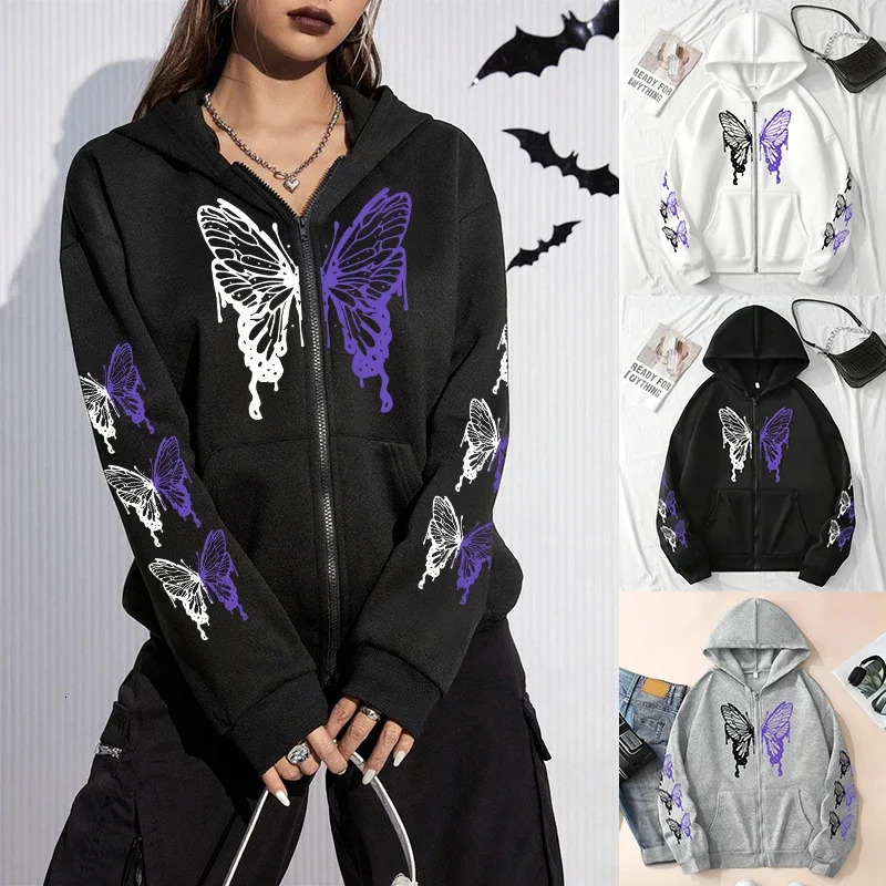 Arrival Womens Hoodie High Grade Butterfly Printed Zipup Sweatshirts All Season Female Urban Casual Fashion Y2K Coats 250729