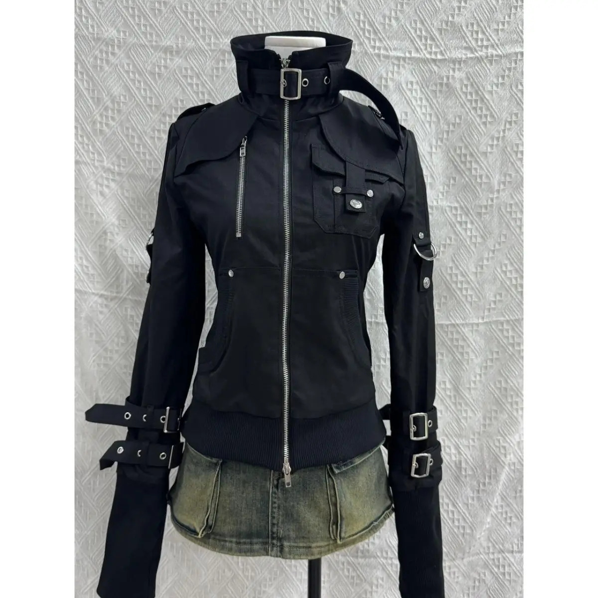 Techwear Style Hip Hop Punk Retro Moto Biker Jacket Outerwear Vintage Y2k Cargo Stand Collar Casual Black Outerwear 250729