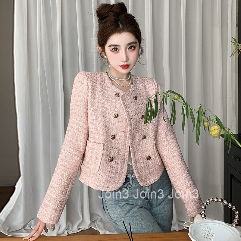 Autumn Winter New Socialite French Style Tweed Round Neck Double-Breasted Long Sleeve Short Coat Womens Top