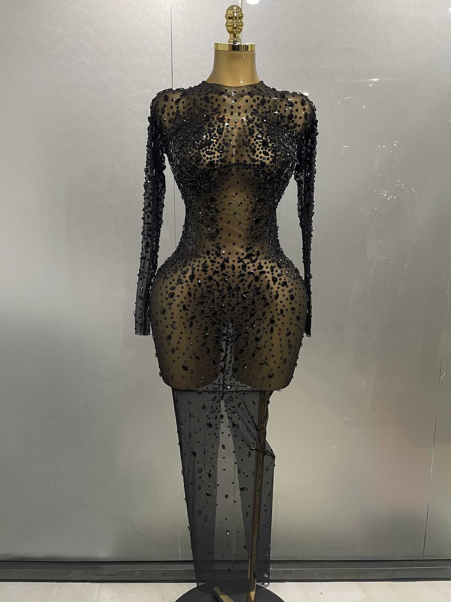 2025 New Women Sexy Shiny Rhinestone Stretch Mesh Transparent Long Dress for Evening Birthday Party Prom Nightclub Singer Stage Wear Z250728