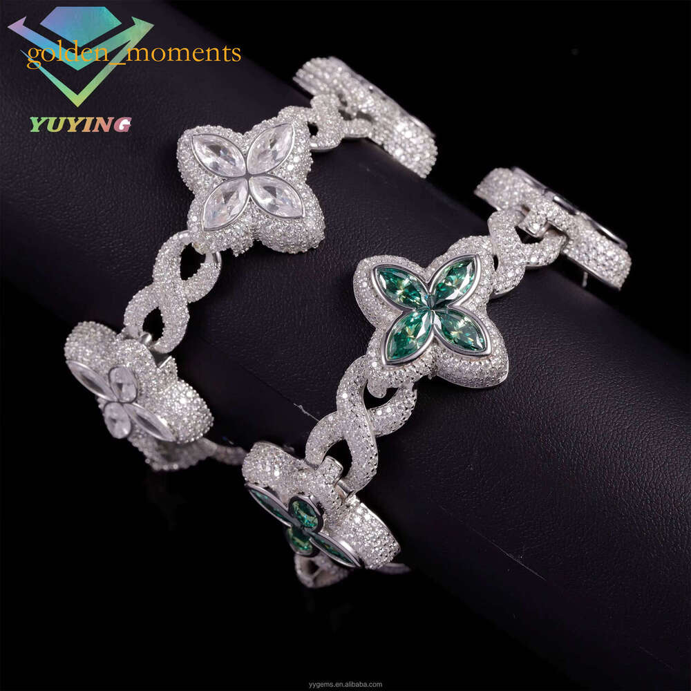 Jewelry Clover Green Dia Sterling Sier Gold Plated Cuban Moissanite Bracelet with GRA Certificate