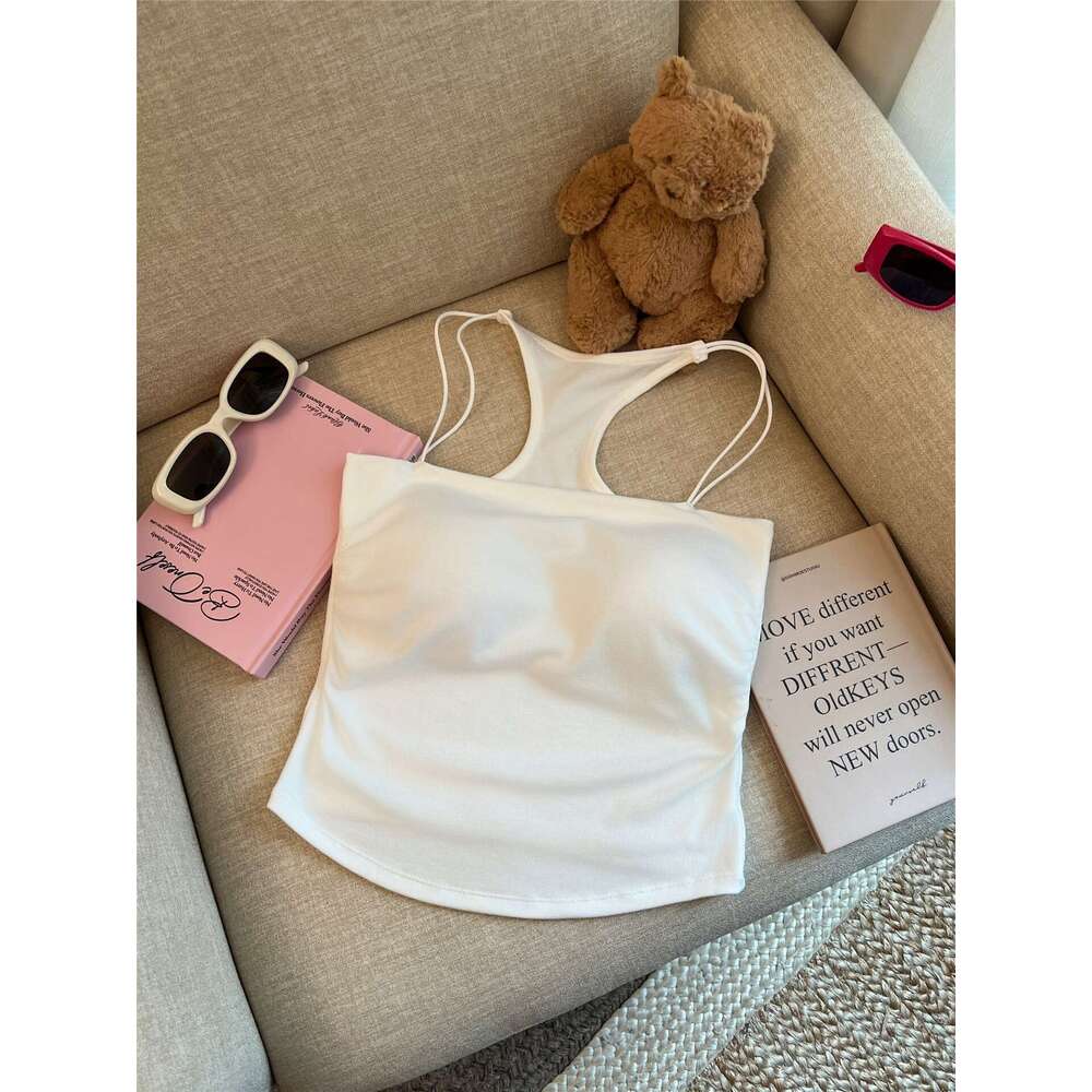 Designer T Shirt Sweet Spicy Girl Solid Color Racerback Camisole With Chest Pad Ruched Design Slim Fit Short Style Beautiful Back Top For Women