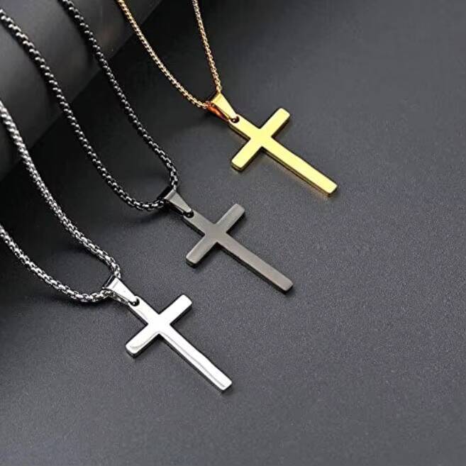 Wholesale Fashion Jewelry Silver Black Gold Plated Stainless Steel Chain Dainty Religious Cross Pendant Necklace for Women Men