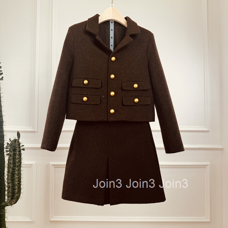 Spring and Autumn French Style New High-Quality Woolen Elegant Two-Piece Set with Turn-Down Collar Long Sleeve Jacket and Blazer Half Skirt Suit