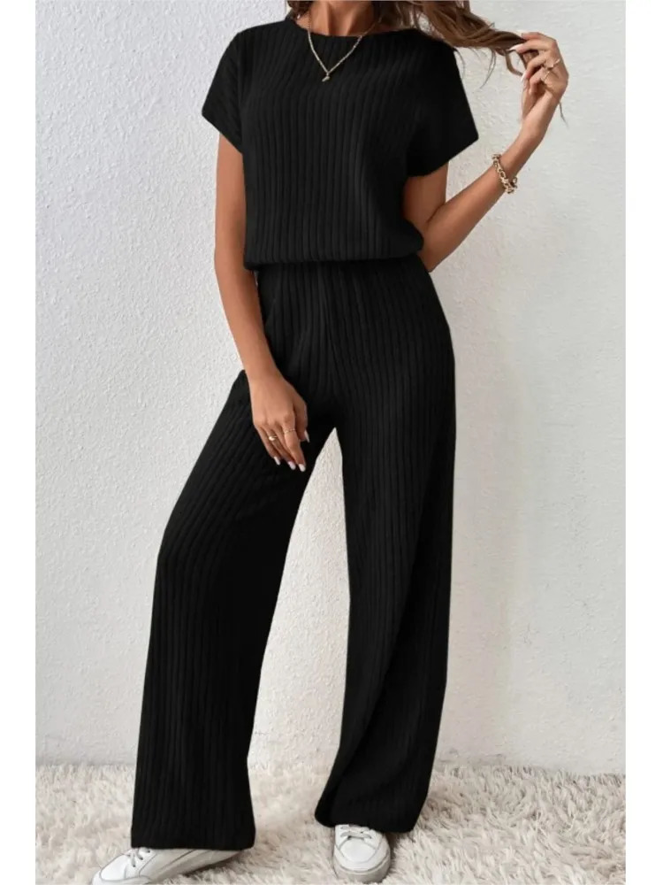 Elegant Shortsleeved Top Trousers 2piece Set For Women Fashion Autumn Winter Solid Color Knitted Suit Female 250729