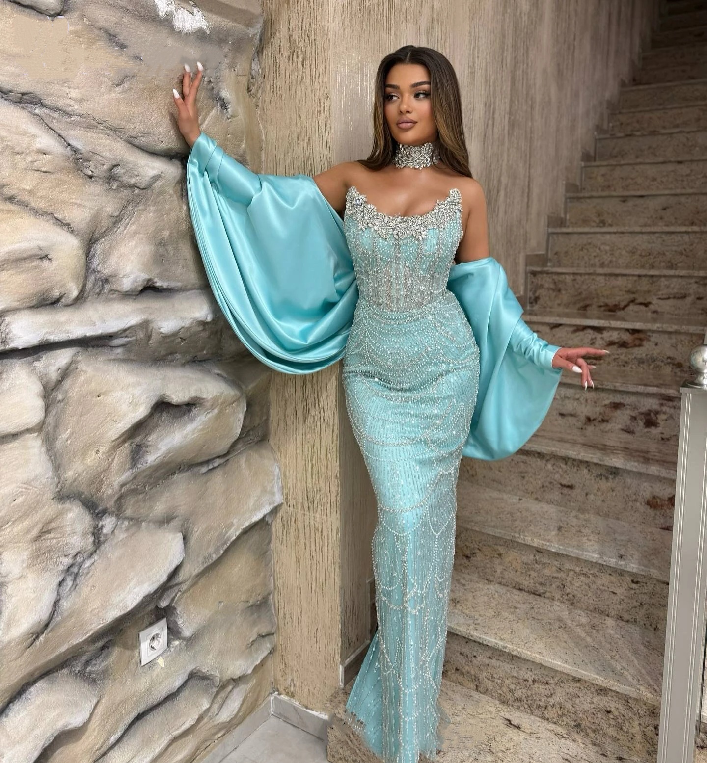Modern Evening Dresses Strapless Beading Prom Dress Rhinestone with Detachable Shawl Crystal Sequins Mermaid Party Gowns Vestidos De Noche Plus Size