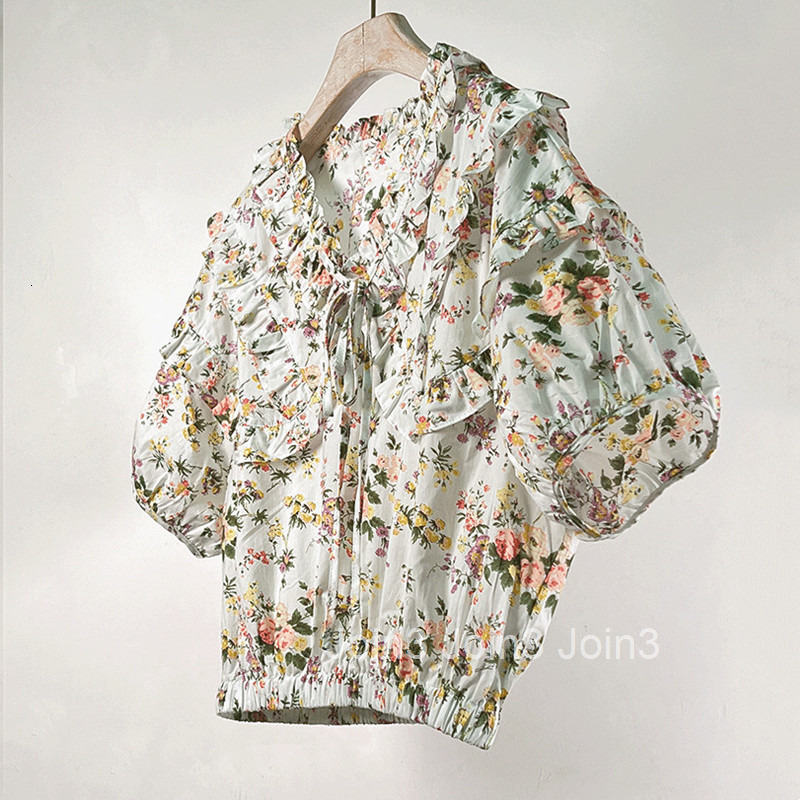 Summer New Fashionable Elegant Doll Shirt for Women Short Ruffled Patchwork Waist Shirt Floral Top Internet Celebrity