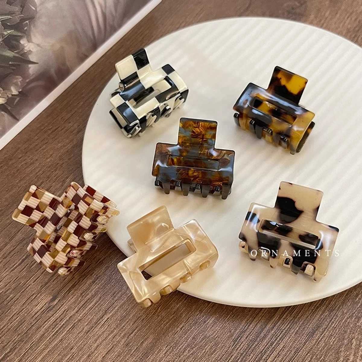 1pc Acetate Leopard Print Checkerboard Plaid Hairpin Classic and Daily Grab Clip Small Square High Ponytail Hair Claw Z250729